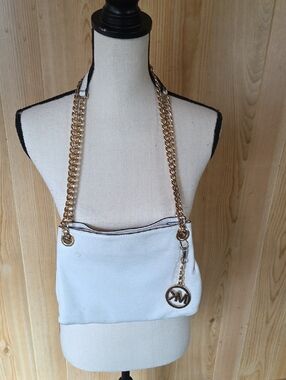 Michael Kors White Pebbled Leather Shoulder Bag with Gold Chain